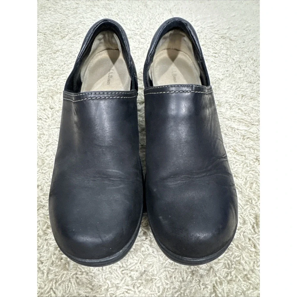 LL Bean Black Leather Slip-On Wedge Comfort Clog Shoes Women's 10 Support Nurse